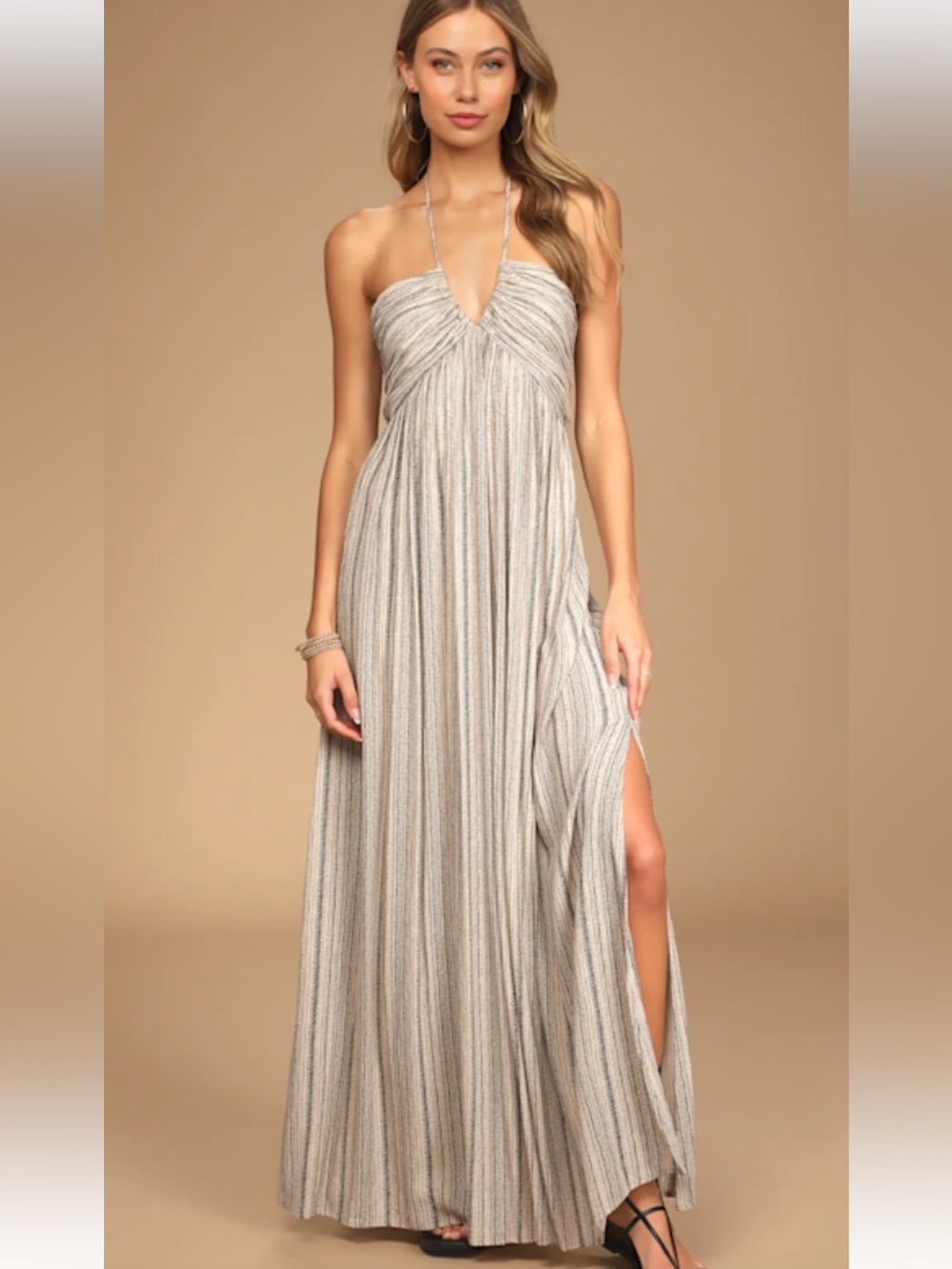 Lulu's Striped Halter Maxi Dress in Taupe and Ivory